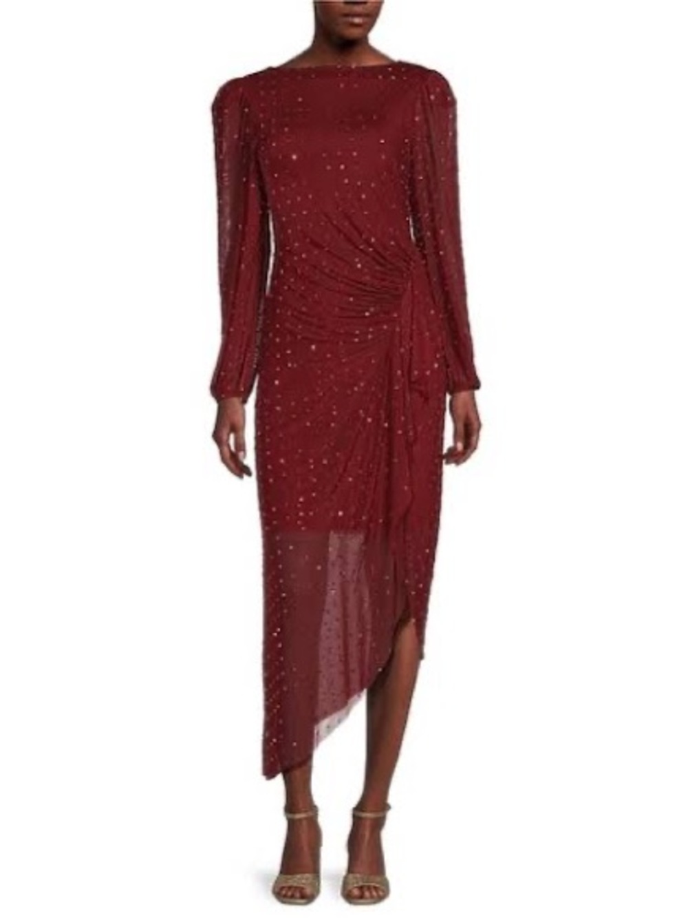 Alex Marie "Belle" Burgundy Beaded Mesh Ruched Midi Dress – Size 8 – NWT